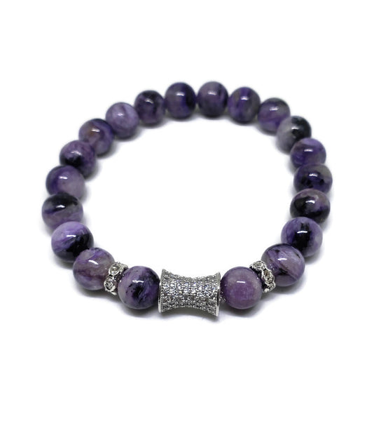 Charoite 8mm natural stone beaded bracelet wit CZ tube