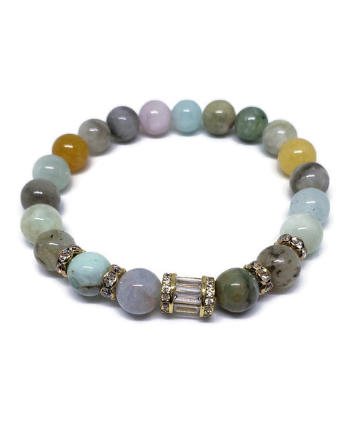Multi gemstone beaded bracelet 8mm with cz gold tube and rhinestones
