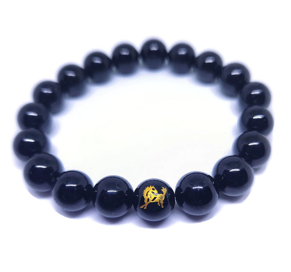 Black Tourmaline men beaded bracelet with horse bead
