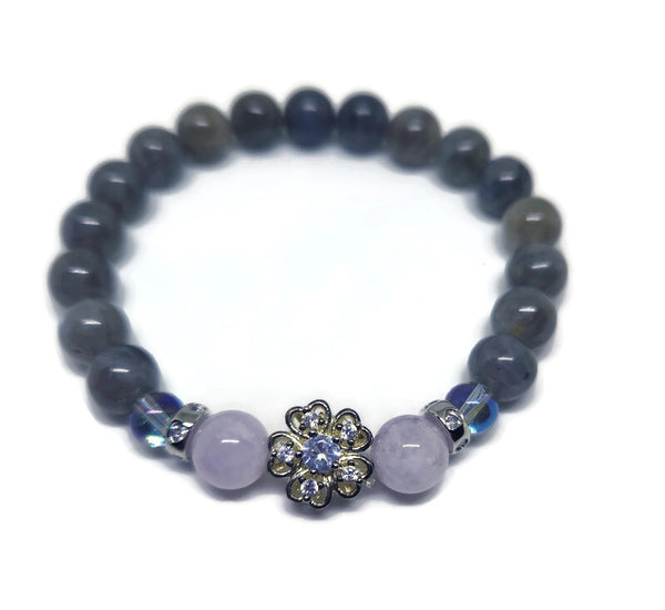 Labradorite and Kunzite beaded bracelet with flower  spacer