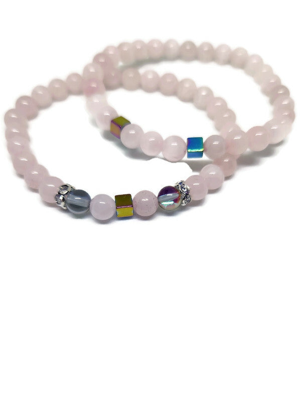 Natural Rose Quartz and Rainbow Hematite 6mm beaded bracelet set of 2