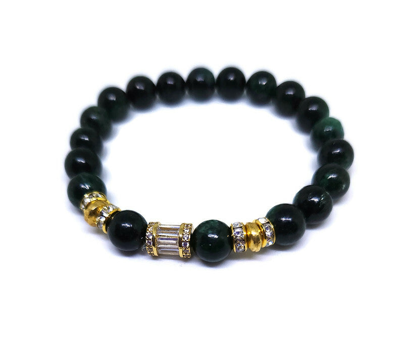 zambian green emerald beaded bracelet with gold accents