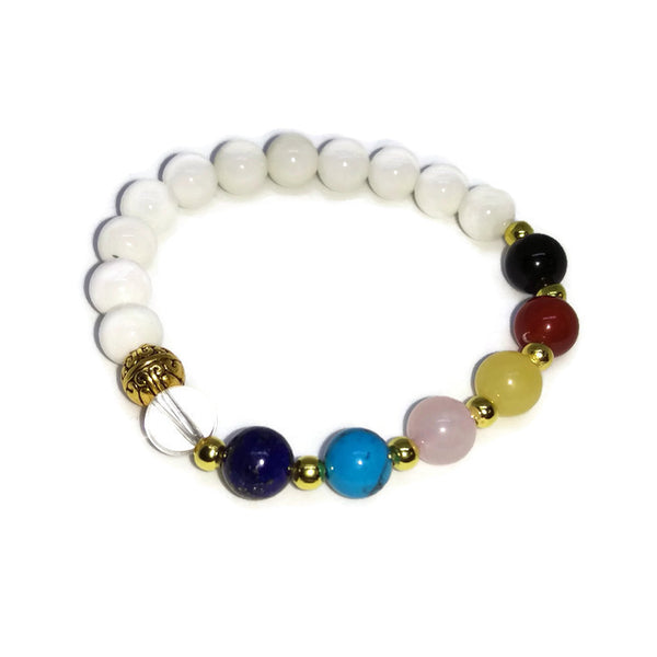 Natural White Onyx Chakra bead bracelet with gold plated accents