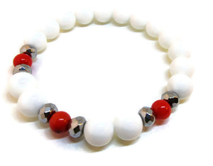 Natural White Jade 8mm beaded bracelet with Coral and  faceted Hematite