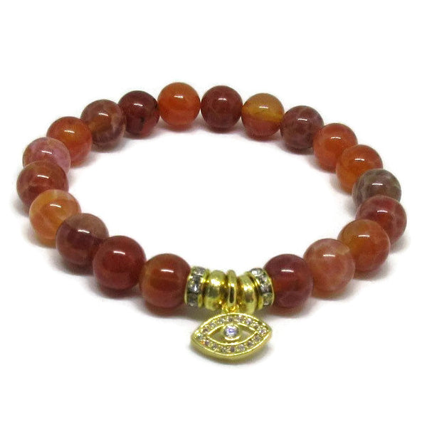 Natural Fire Agate beaded bracelet with CZ gold evil eye charms and 22k gold plated rondelles