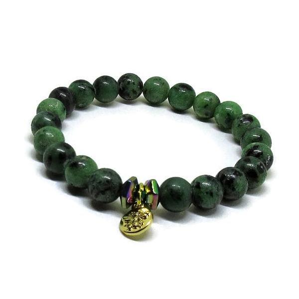 Ruby in Zoisite 8 mm stretch bracelet with multi colour Hematite and goldplated Bee charm