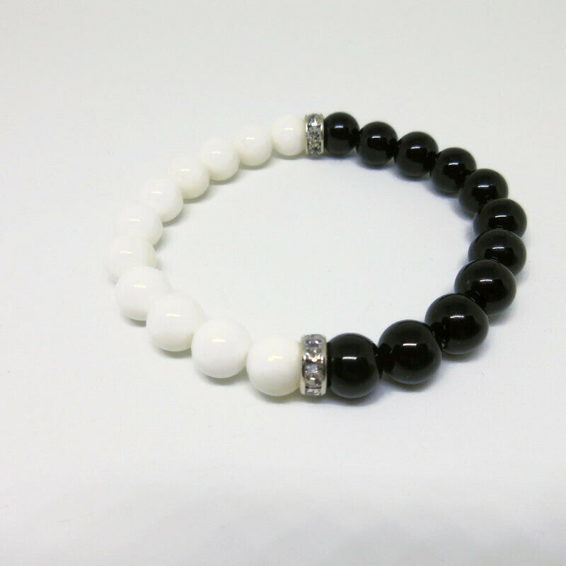 Black and White Onyx Yin Yang stretch bracelet with clear rhinestones
