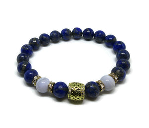 Lapis Lazuli 8 mm Grade A with Blue Lace Agate and gold cz barrel bead and rhinestones