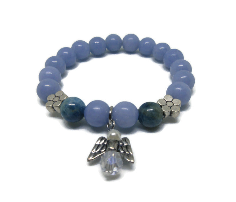 Natural Angelite and Apatite 8 mm stretch bracelet with silver flowers and angel charm