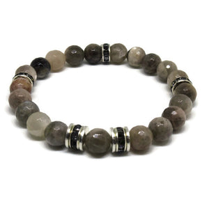 Black Moonstone natural faceted 8mm beaded bracelet with black rhinestones and silver heishi spacers.