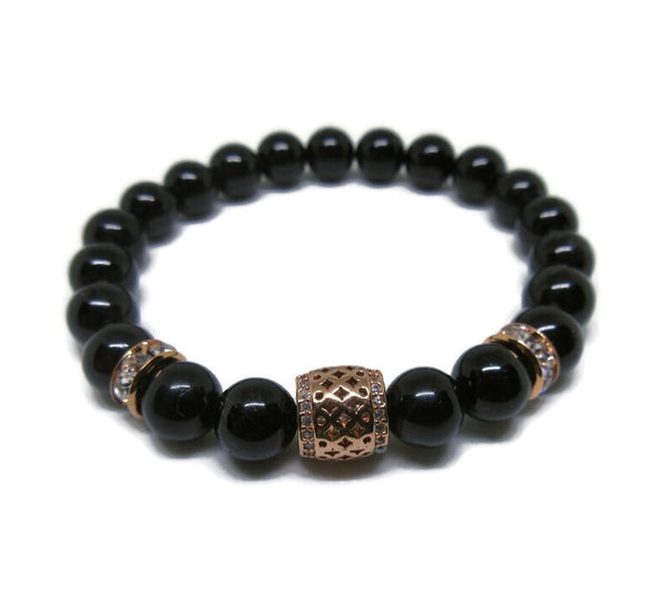 black Tourmaline stretch bracelet 8 mm natural beads with rose gold cz barrel bead and rhinestones