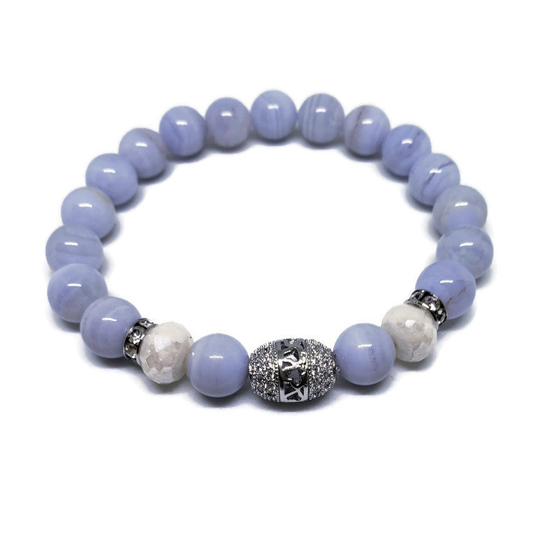Blue Lace Agate with Silverite Quartzite and CZ spacer 8mm beaded bracelet