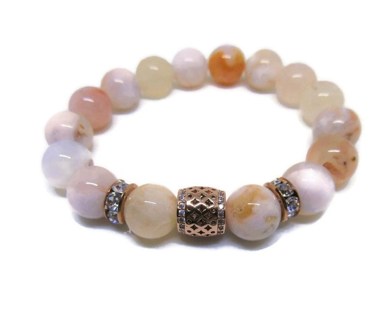 Cherry Blossom Agate 10 mm AAA beaded bracelet with rose gold accents