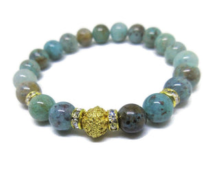 Natural Chrysocolla 8mm beaded bracelet with 22k gold plated bead and rhinestones