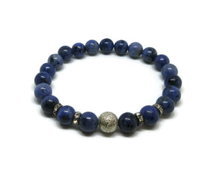 Dumortierite stretch bracelet with silver stardust bead and silver rhinestones