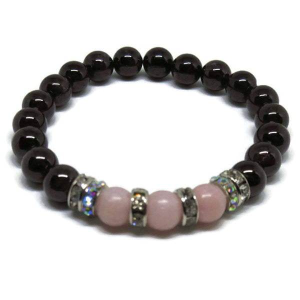 Natural Garnet and Pink Opal beaded bracelet 8mm with clear and ab rhinestones