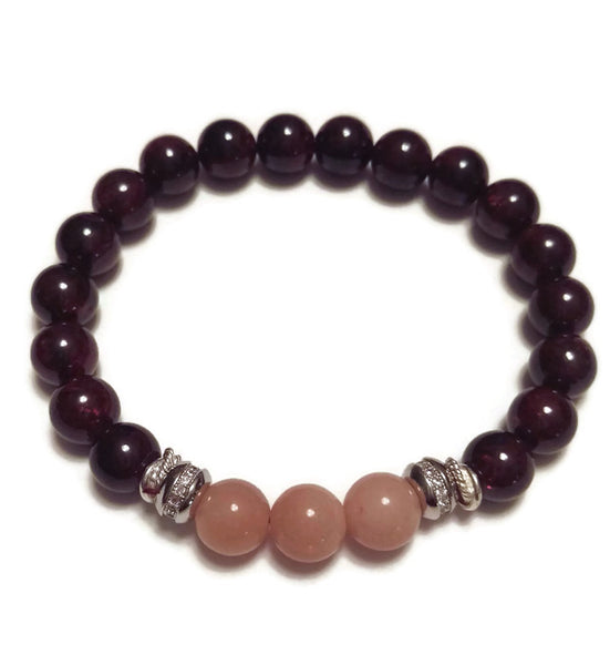 8 mm bracelet garnet stone and sunstone with cz silver rondelles and silver plated spacers
