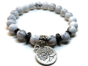 Howlite and Hematite stretch bracelet with silver tree of life charm