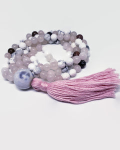 Howlite. Rose Quartz and Rhodochrosite mala  made from 108 beads on silk cord