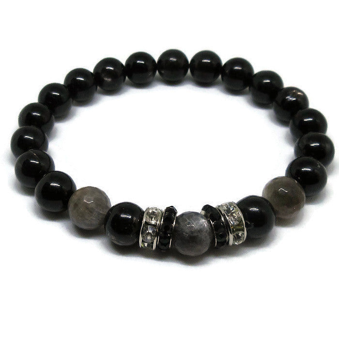 Hypersthene with faceted Black Moonstone beaded bracelet and black and clear rhinestoes