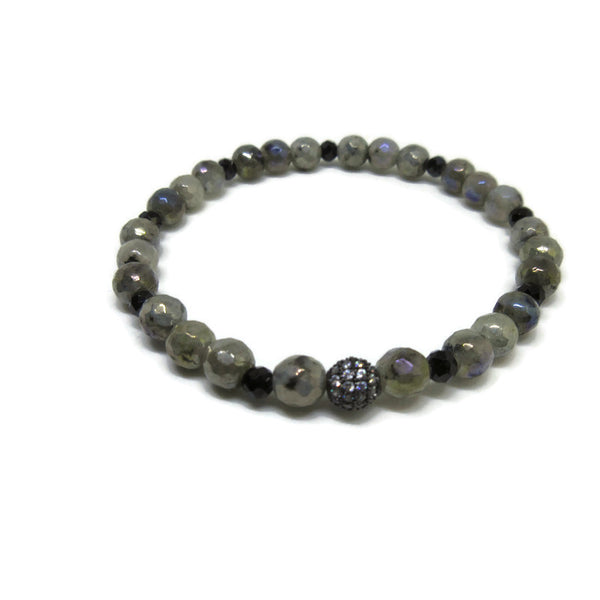 Labradorite 6mm and Black Spinel faceted stretch bracelet with black cz ball