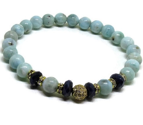 Larimar 6mm beaded bracelet with 6 mm faceted Sapphire and cz micro pave gold bead, clear crystal gold rhinestones