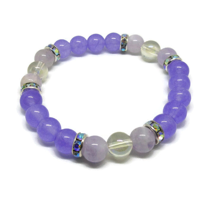 Lavender Jade and Lavender Amethyst 8 mm stretch bracelet with Angel Aura and AB rhinestones