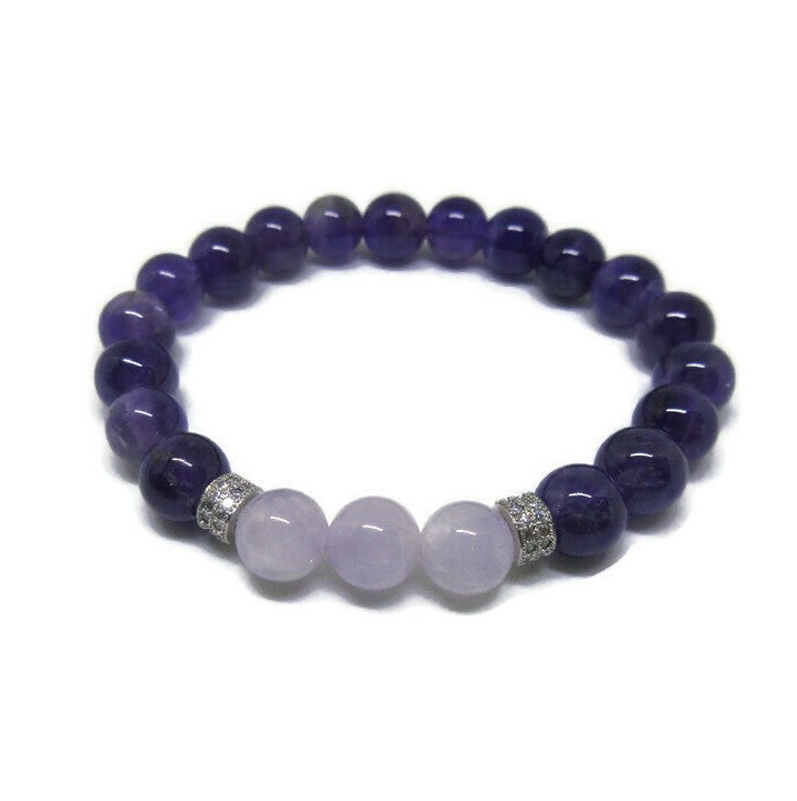 Amethyst and Lavender Amethyst 8 mm beaded bracelet with cz silver spacers