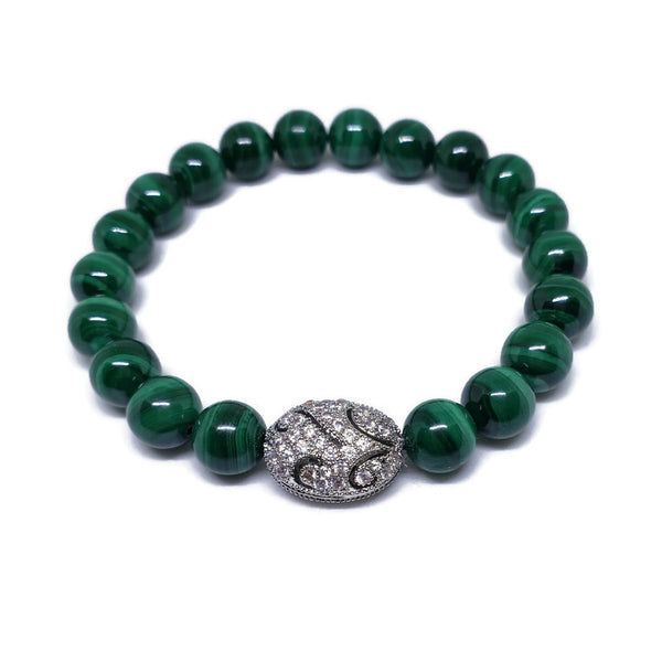 Malachite 8 mm AAA beaded bracelet with CZ oval silver  spacer