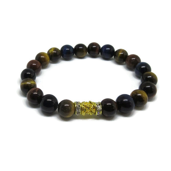 Multi colour Tiger Eye stretch bracelet with 22k gold plated tube