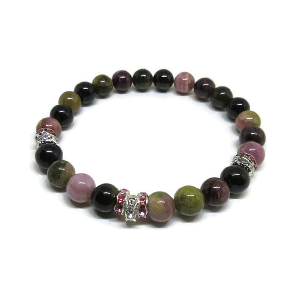 Multi colour Tourmaline 6 mm beaded bracelet with clear and pink rhinestones