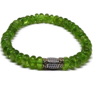 Natural Peridot 6 mm bead bracelet with CZ silver micro-pavecuboid and gold rhinestones
