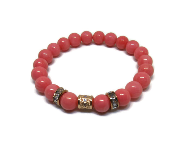 Pink Coral beaded bracelet 8mm with rose gold accents