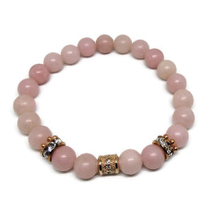 Peruvian Pink Opal 8 mm bracelet with CZ rose gold column bead and rose gold rhinestones
