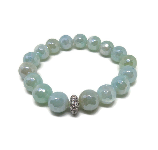 Agate faceted 10mm beaded bracelet with CZ silver spacer