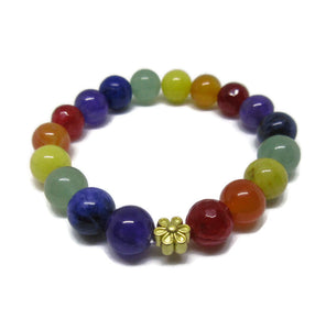 Rainbow streych bracelet made from natural 8mm stones with gold flower