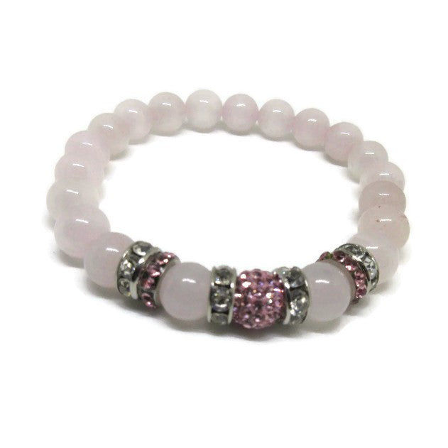 Rose Quartz 8 mm beaded bracelet with rose pave crystal ball and rhinestones