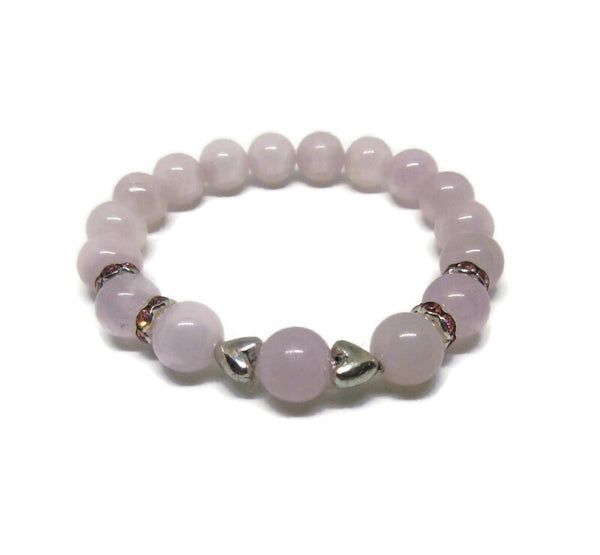 Natural Rose Quartz 8mm kids bracelet with pink rhinestones and silver heart spacers