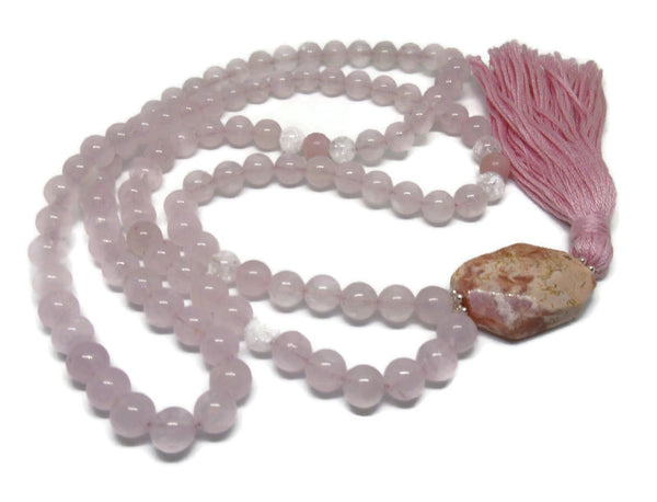 Rose Quartz with Pink Opal , Crystal Quartz and Rhodochrosite Mala Necklace