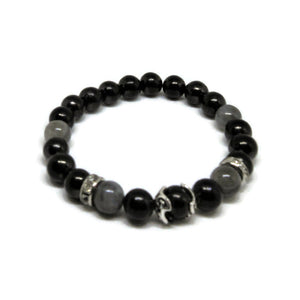 Shungite 8 mm stretch bracelet with Labradorite, 925 Sterling Silver bead cups and clear rhinestones