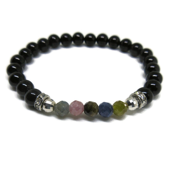 Black Spinel with faceted Multi Sapphire 6mm beaaded bracelet