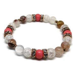 Strawberry Quartz, Pink Coral and Cracked Quartz 8 mm stretch bracelet with 14k rose gold plated faceted 4 mm nuggets and rose gold rhinestones