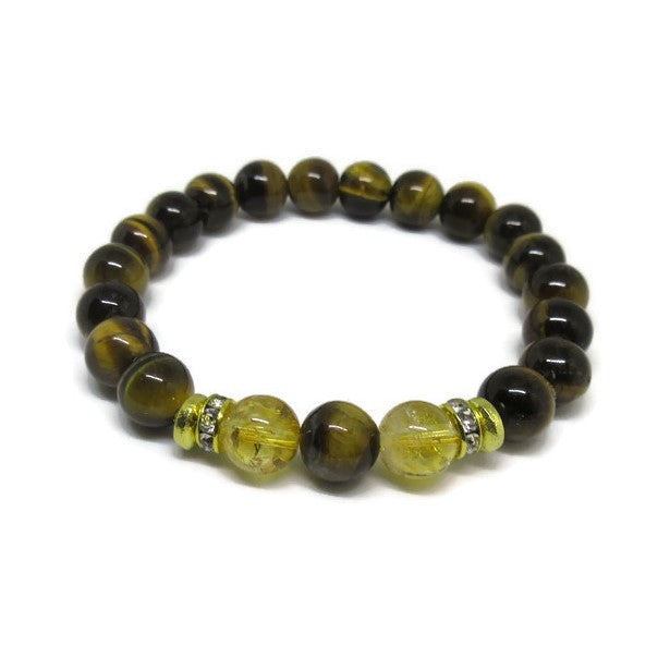 Tiger's Eye and Citrine  8mm beaded bracelet with 22k gold plated rondels and rhinestones