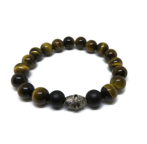 Tiger's Eye and Matte Onyx 8 mm stretch bracelet for boy with skull bead