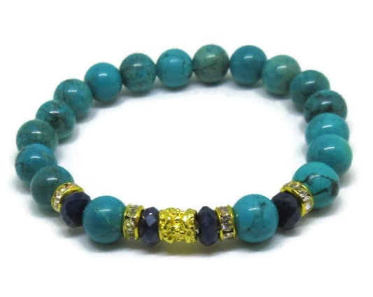 Genuine Turquoise 8mm and faceted Sapphire bead bracelet with 22k gold plated tube and rhinestones