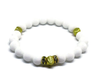 White genuine Jade stretch bracelet with 22k gold plated nugget beads and clear rehinestones
